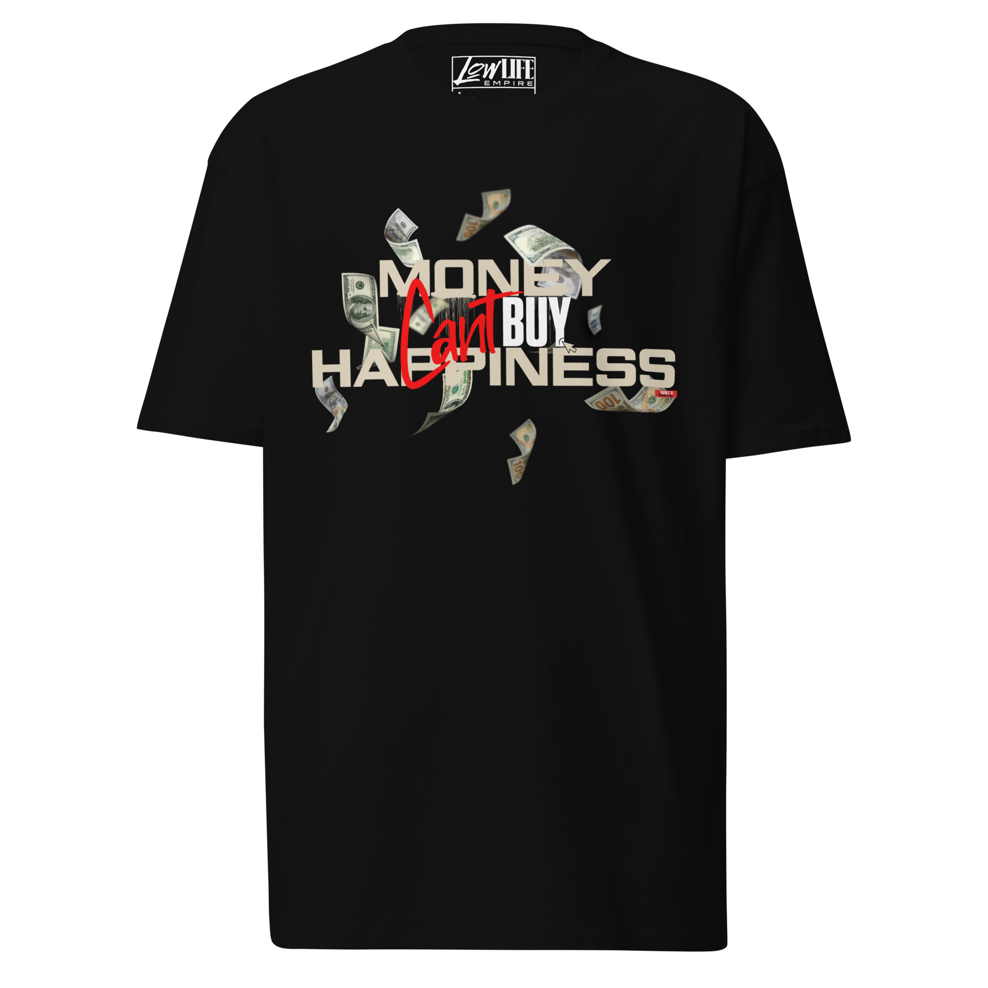 mens-premium-heavyweight-tee-black-front-696f7d9258a57.png MONEY CAN'T BUY HAPPINESS Men’s Premium Graphic Tee - Image 1