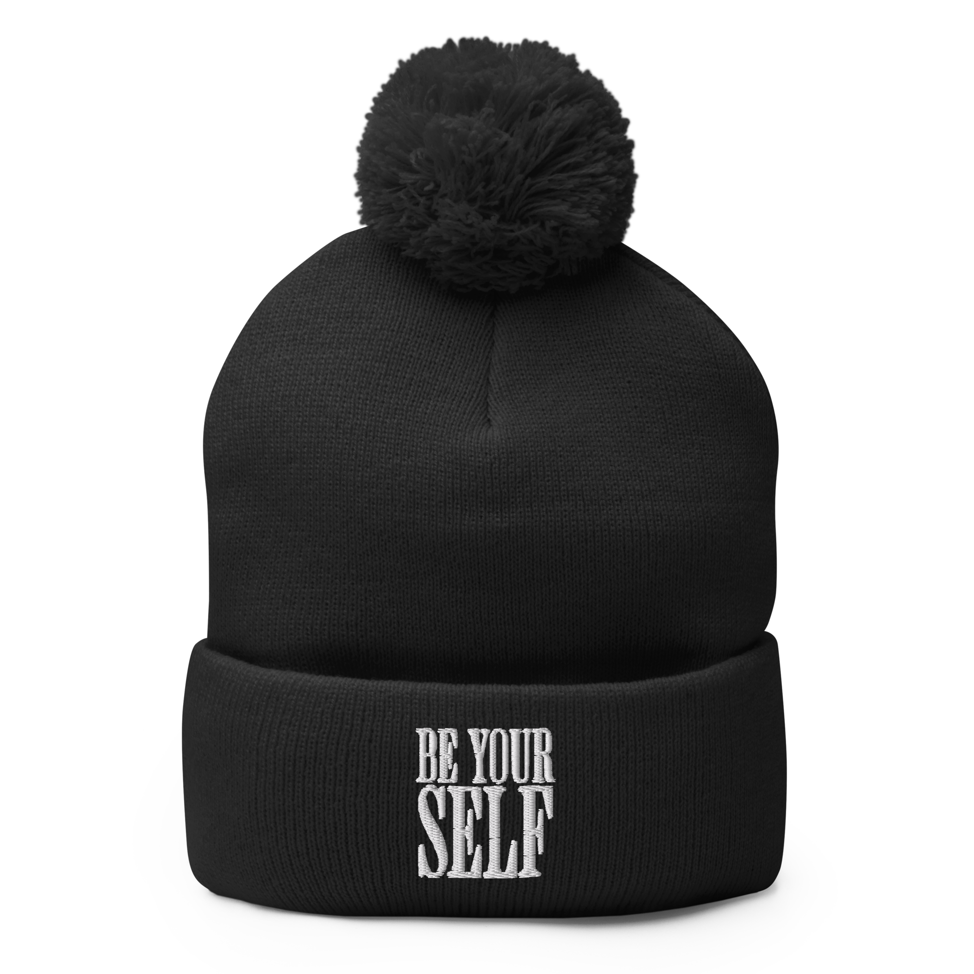 pom-pom-knit-cap-black-front-696f8833996c8.png BE YOURSELF Pom-Pom Beanie - Image 1