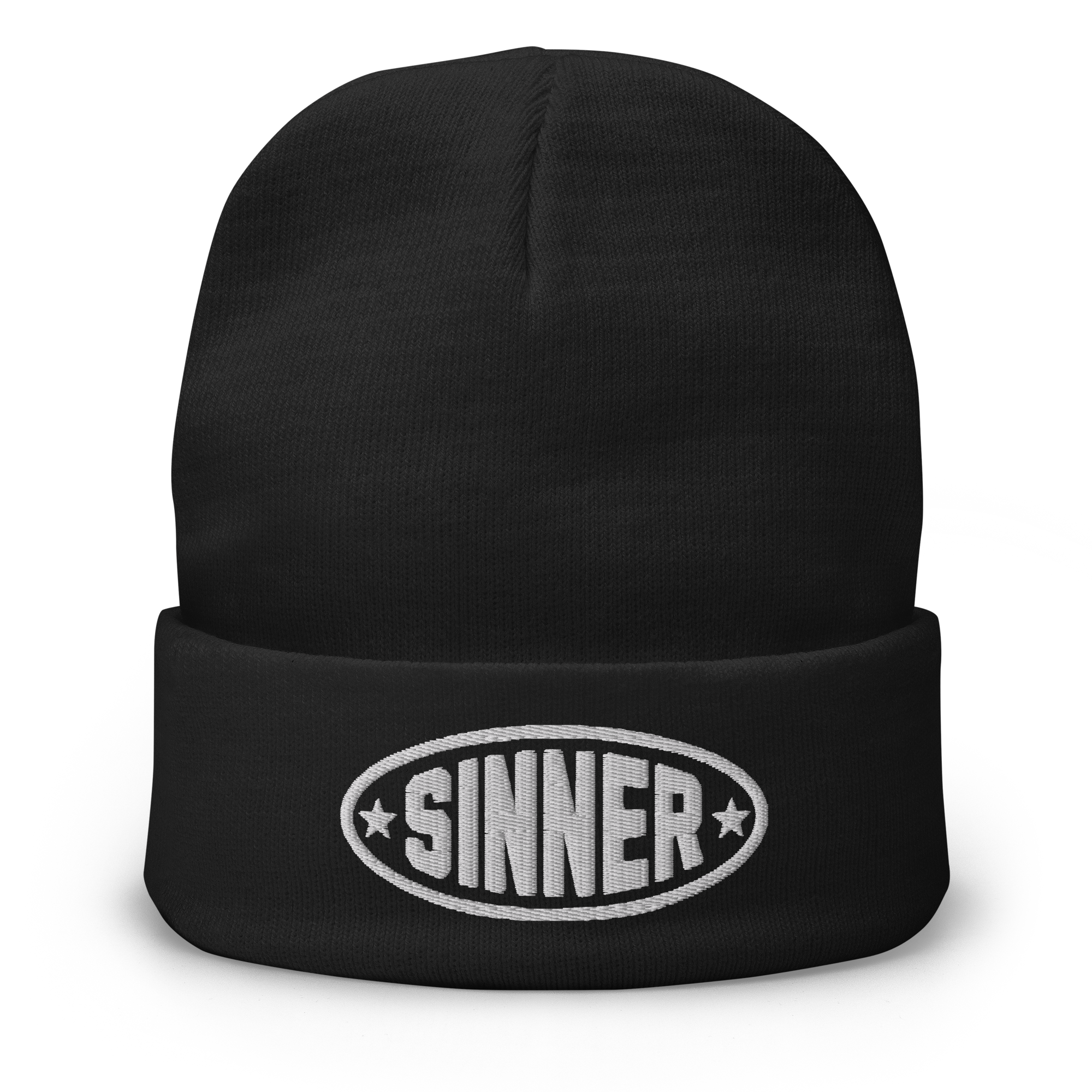knit-beanie-black-front-6999658baac0d.png SINNER Embroidered Beanie - Image 1