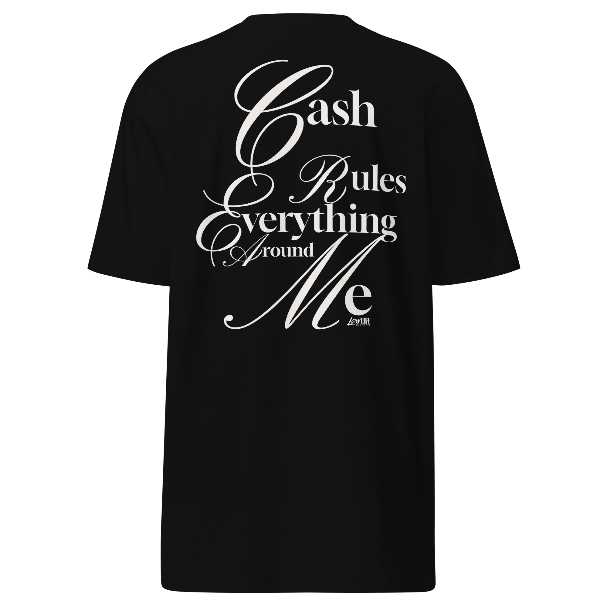 mens-premium-heavyweight-tee-black-back-698d10713c974.png CASH RULES EVERYTHING Men’s Premium Graphic Tee - Image 1
