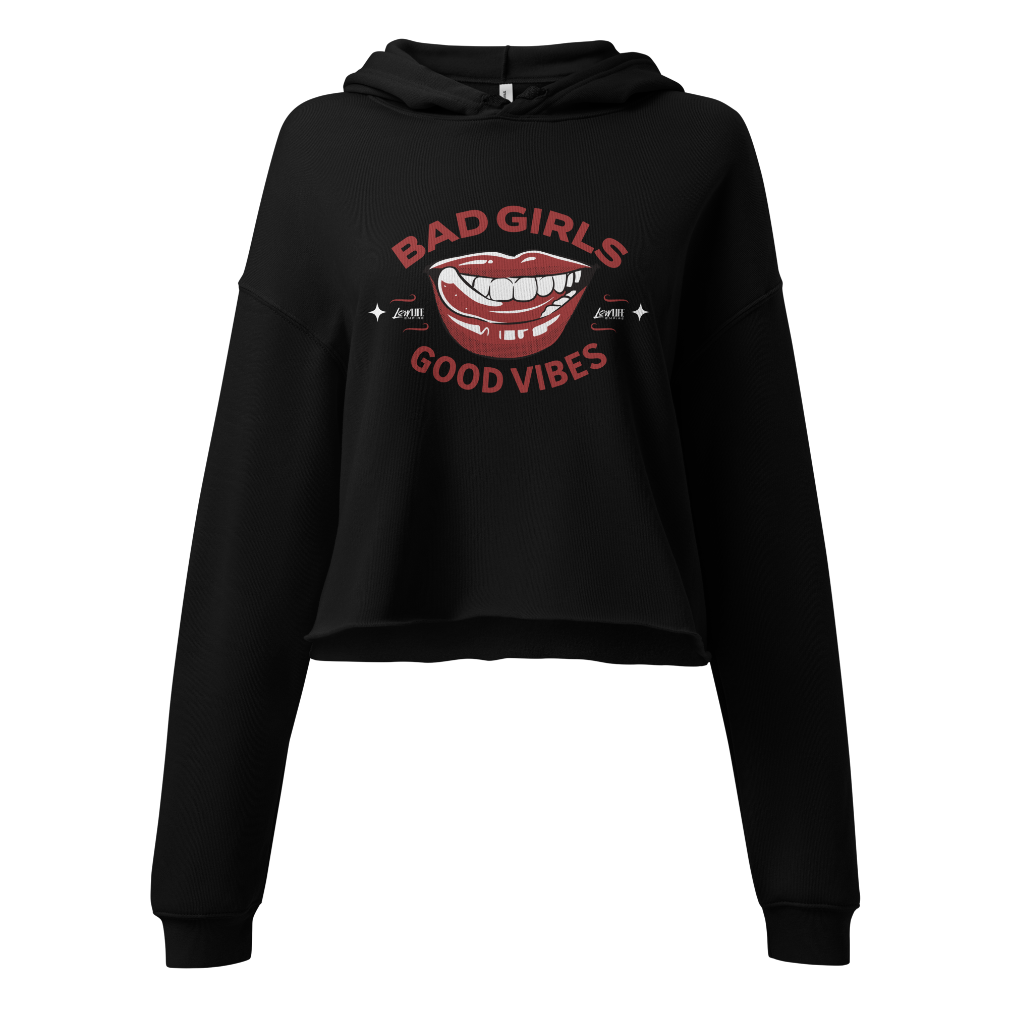 womens-cropped-hoodie-black-front-69973740deb7a.png BAD GIRLS, GOOD VIBES Crop Hoodie - Image 1